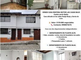 VENDO CASA RENTERA SECTOR LAS CASAS BAJO Centro norte Quito.